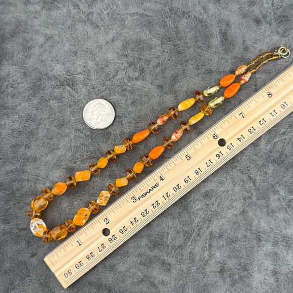 Orange Givre Swirl Glass Vintage Beaded Crystal Gold-tone Necklace UV GLOW - Picture 7 of 13